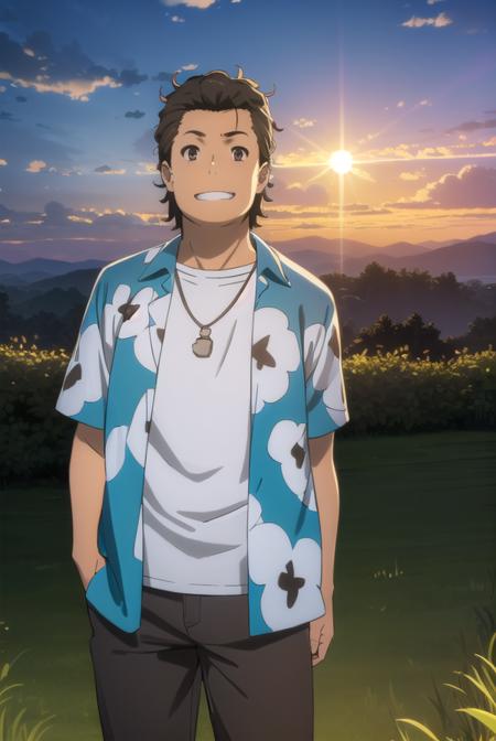 tetsudouhisakawa, <lora:tetsudou hisakawa s1-lora-nochekaiser:1>,
tetsudou hisakawa, black hair, (brown eyes:1.5), male focus, smile, grin,
BREAK shirt, open clothes, pants, necklace, sandals, hawaiian shirt,
BREAK outdoors, house, fields, grass, sky, sun, clouds,
BREAK looking at viewer, (cowboy shot:1.5),
BREAK <lyco:GoodHands-beta2:1>, (masterpiece:1.2), best quality, high resolution, unity 8k wallpaper, (illustration:0.8), (beautiful detailed eyes:1.6), extremely detailed face, perfect lighting, extremely detailed CG, (perfect hands, perfect anatomy),