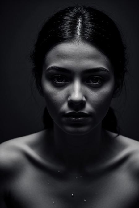 rim-lighting, 8k, extreme skin detail, (((greyscale))), very naturally beautiful face, melancholic but also very concentrated, beautiful intensive eyes, wearing only a classical oldschool nightdress, she performs a emotional and passionate expression dance in style from Pina Bausch wuppertal dance company, on a lonely theater stage, sexy young beautiful model , sweat drips running down her face, highly contrented to the classical music, timelapse moment, Dewy skin with completeley no makeup, single braid black hair , Silver beaded bracelet, shot with arri studio camera, light_particles, cinematic, dynamic_angle, action shot,