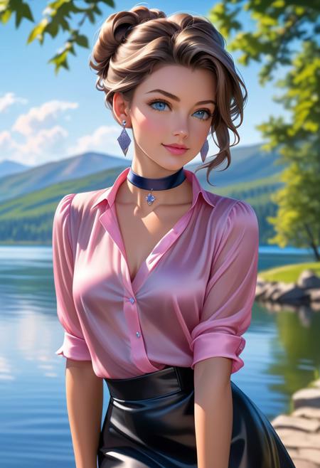picture of \(Erika\) standing at a windy day,  solo, 1girl, outdoors, lakeview, pink collarless silk blouse, long black skirt, heels, silver earrings, blue lather choker, confident; realistic, natural light and slightly diffused, blurry background. czajka,, grey_eyes, brown_updo_hair