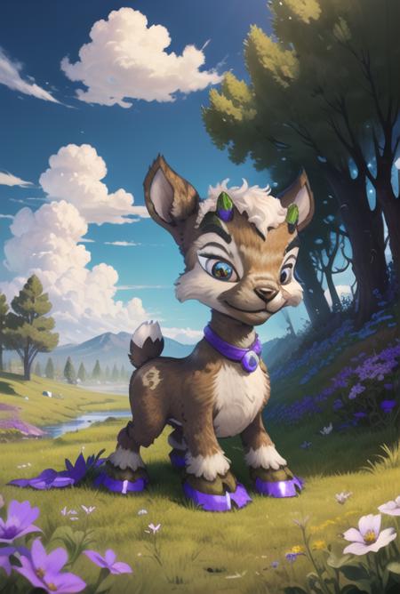 (masterpiece, best quality, highly detailed:1.0), ixi, <lora:Ixi:0.70>, montana, streams, clouds, bluish sky, few flowers, grazing, goat eating grass,black fur, white spots, bright violet eyes