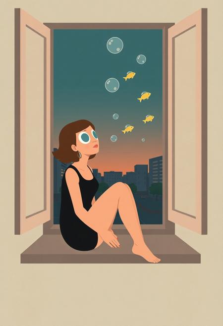 A woman with hollow, glass-like eyes sits on a windowsill, blowing bubbles that turn into tiny floating fish, swimming through the twilight air., stylized realism, simplified forms, geometric composition, muted color palette, clean lines, Canadian landscapes, modern urban scenes, mid-century aesthetic, flat perspective, emotional detachment, angular architecture, minimal textures, cool lighting, symbolic figures, structured layout, contemporary realism, everyday moments, graphic painting style, subtle social commentary, restrained emotion