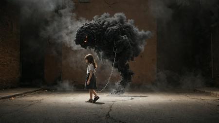 side view ,a young girl  walking away from a black  smoke-like form creature,  connected  by a chain . background is street ,  <lora:xl_more_art-full_v1:0.3>