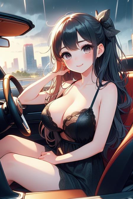 (((masterpiece))),  (((best quality))),  raining,  citytown,  solo,  1girl driving cabrio on road,  ((one-hand on steering wheel)),  grace sitting,  drifting,  red strap cut-out gown,  wind,  cleavage,  big tits,  ribbon updo longhair,  smile,  shy,  blush,<lora:EMS-260531-EMS:1.200000>