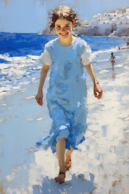 <lora:William McTaggart Style:1>William McTaggart Style - A painting of a happy smiling girl wearing a baby-blue tunic walking along the beach in Santorini, in the style of Paul Hedley and Rembrandt, ultramarine blue underpainting, diaphanous iridescent white and pale azure textured impasto, gentle lyricism, Van Gogh, ferrania p30, eggshell-white, asymmetry