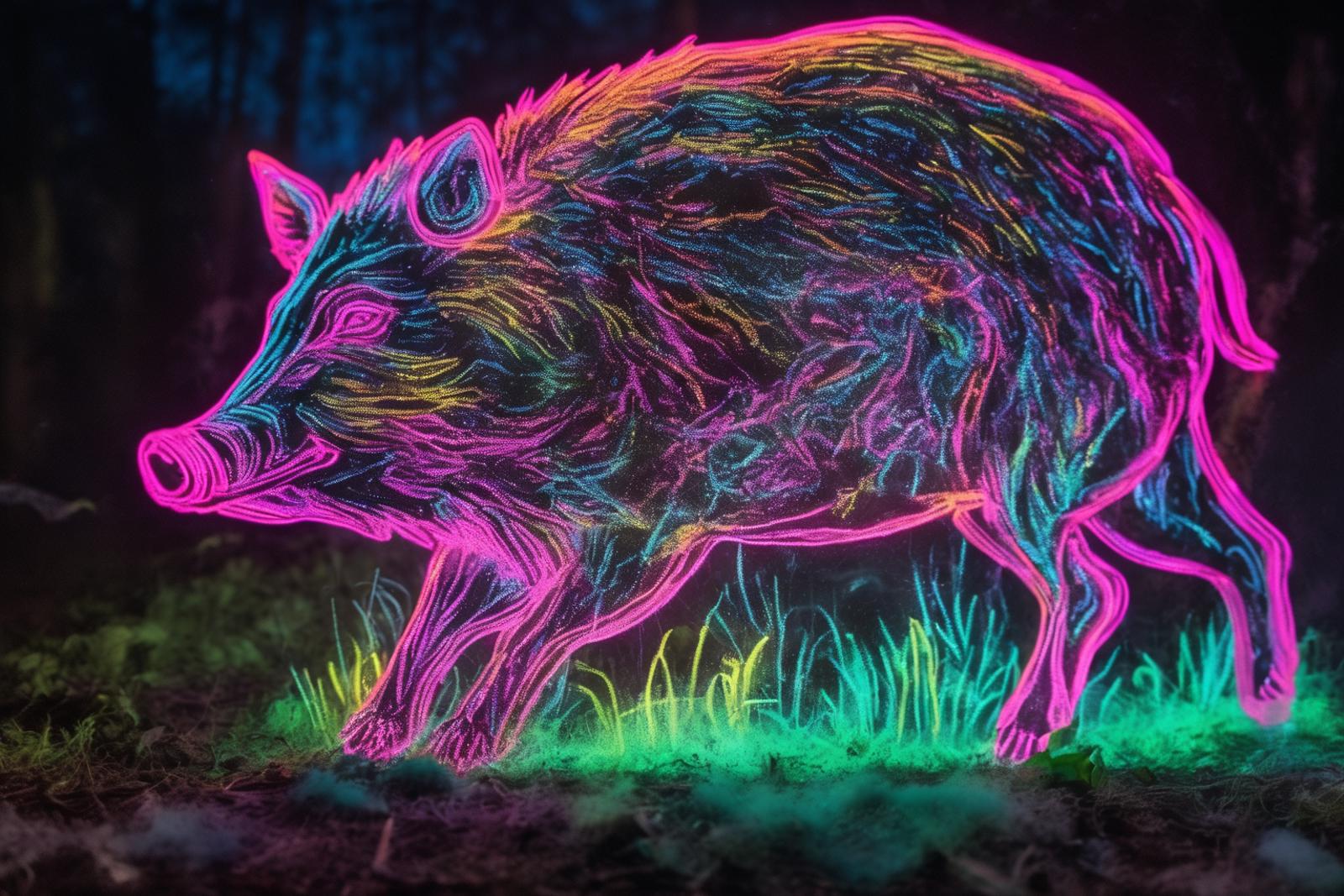 A colorful, neon-painted pig with a bushy tail and floppy ears.