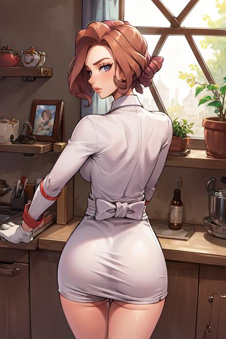 masterpiece, best quality, palina, short white dress, white gloves, cowboy shot, from behind, bending over, looking at viewer, shelf, room, house <lora:palina-nvwls-v1-000010:0.9>