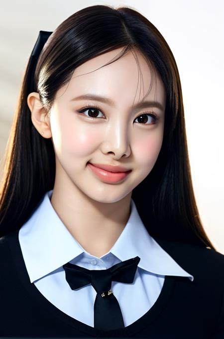 (masterpiece:1.3), (8k, photorealistic, RAW photo, best quality: 1.4), 1girl, beautiful face, (realistic face), (black hair, long hair), bangs, indoor,  (realistic eyes), beautiful detailed eyes, long eyelashes, (realistic skin), beautiful skin, grin, slim body, (perfect body:1.3), (detailed body:1.2), (black tie bow), (collared long sleeves shirt), jeans, tucked shirt, absurdres, attractive, ultra high res, ultra realistic, highly detailed, soft lightning, close up, bunnyunnie, twnayeon,  <lora:Nayeon_10setps:1>