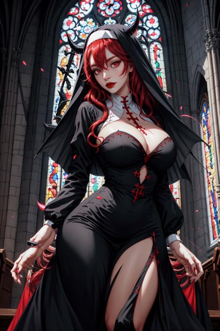 Demonic Nuns,  1girl,  solo,  long hair,  looking at viewer,  large breasts,  red eyes,  long sleeves,  dress,  cleavage,  hair between eyes,  red hair,  parted lips,  horns,  indoors,  black dress,  window,  cross,  red lips,  nun,  habit,  church, <lora:EMS-57424-EMS:0.700000>