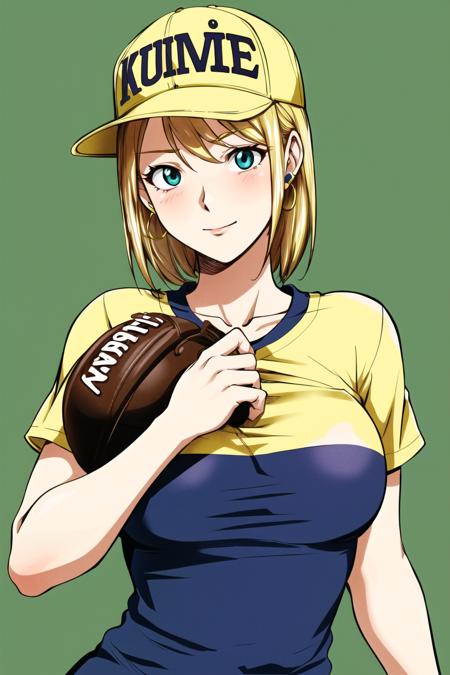 kon-kit, kaya izumi, masterpiece, best quality, 1girl, aqua eyes, baseball cap, blonde hair, closed mouth, earrings, green background, hat, hoop earrings, jewelry, looking at viewer, shirt, short hair, simple background, solo, upper body, yellow shirt

<lora:konkit:0.7>