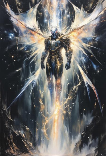 fg Create an artwork of a flying black woman with bald head holding a flaming sword, mechanical smooth wings flying between stars in the endless darkness of space, mechanical jet powered wings, marble and ebony and silver, halo of silver fire, enormous, flying in space, contrasting deep shadows, stars and galaxies, dark, high quality artwork, an elder god too big to see its entire body, tendrils of fire and disembodied eyeballs
Concept art, photobashing, digital art, digital painting, matte painting.
fg, ArsMJStyle, impressionism