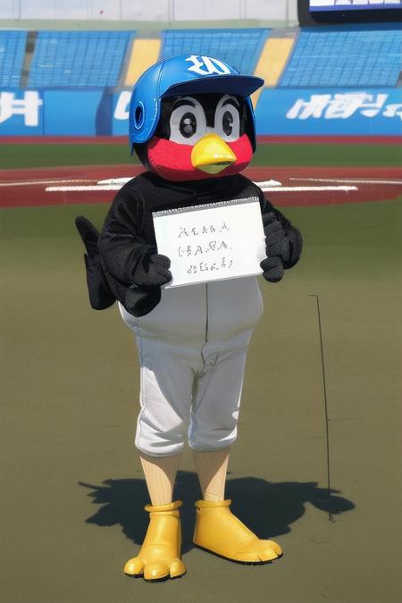 masterpiece, best quality, ultra-detailed, illustration,
tsuba9rou, mascot, sign, holding, holding sign, dirty, full body, baseball cap, black eyes, stadium, helmet, standing, outdoors, dirty clothes, grass, blurry background, beak, 
 <lora:Tsubakurou_V1_1.0_MIDD:1>