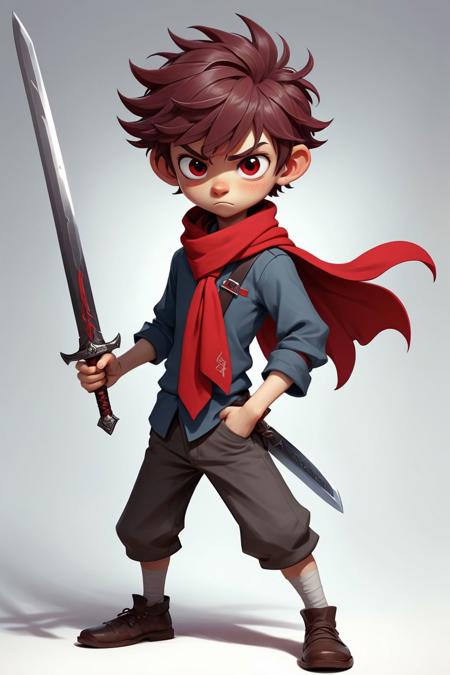 Character Design - Character design for a sword-wielding boy School uniform attire Red scarf or neckerchief Monster Boy game style Eight-directional movement Cartoonish art style Playful or adventurous expression Colorful and vibrant design Exaggerated or stylized features Dynamic and action-packed poses Sword or blade weapon Whimsical or fantasy influence Unique or magical abilities Expressive eyes and facial features Iconic hairstyle or headgear Detailed and fluid animation Charming and lovable personality.