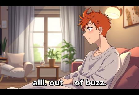 A ginger male, anime, text at bottom "all out of buzz", nightclothes on, in living room, neutral expression