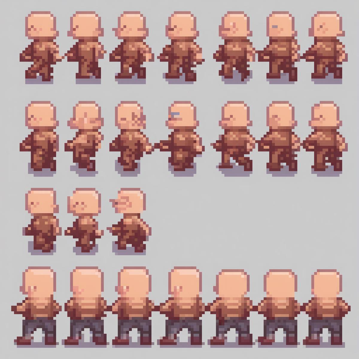 walk cycle of human, 6 frame animation, 32x32 sprite, base skin, bald head, no shirt, simple, clean, no background, final ...