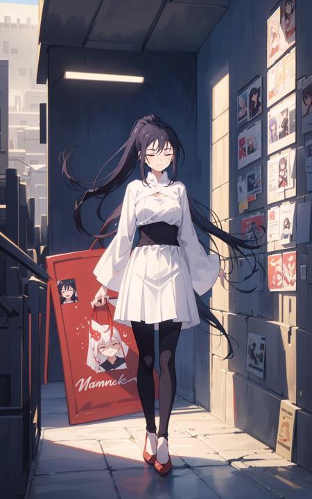 anime, ((full body view)), lixu, a woman with long black ponytail hair, three front hair strands, closed eyes, a white one-piece outfit, a black waistband, black tights, red shoes, smiling, 8k, Unreal Engine 5, octane render, by kyun, gamang, Yoon Gon-Ji, g.ho, gosonjak, shuroop, serious, domi, noah, trending on pixiv, fanbox, skeb, masterpiece, smooth soft skin, big dreamy eyes, beautiful intricate colored hair, symmetrical, anime wide eyes, soft lighting, concept art, digital painting, <lora:lixu:0.4>