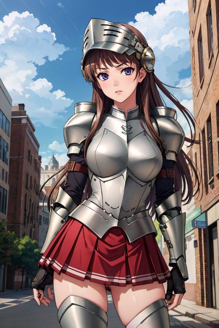 masterpiece, best quality, <lora:nmascot-nvwls-v1-000008:0.8> nmascot, helmet, armor, gauntlets, pleated skirt, thighhighs, large breasts, looking at viewer, cowboy shot, looking at viewer, furrowed brow, sky, clouds, outdoors, building