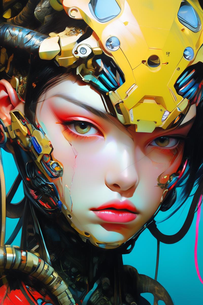 A Cybernetic Woman with Red Eyes and Gold Gears on Her Face.