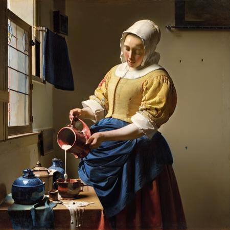 vermeer style, a painting of a milkmaid wearing a white linen cap in a yellow leather shirt with green and blue sleeve a velvet blue apron and a red shirt pouring milk from a clay jug into a claypot on top of a wooden table, against a white wall, on the left a glass window with stained glass   <lora:vermeer-000007:0.8>