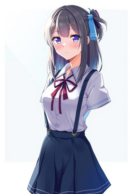 1girl, Angela White, solo, tokyo-3 middle school uniform,  shirt, short sleeves, suspender skirt, neck ribbon,, ultra detailed, masterpiece, best quality, aesthetic, detailed,