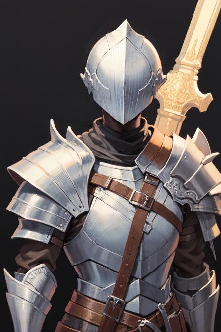 weapon, armor, solo, sword, helmet, black background, full armor, holding, holding weapon, gauntlets, shoulder armor, simple background, pauldrons, holding sword, 1boy, over shoulder, knight, male focus, helm, weapon over shoulder, upper body, breastplate, 1other<lora:WaifuSouls:1> ,<lyco:AOMv2_hard_accent:0.5>,