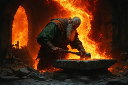 A grizzled dwarven blacksmith, veins ablaze in forge-light, pounds arcane runes into crimson-hot iron on a titanic obsidian anvil. Fisheye perspective from below, framing his sinewy form against swirling auroras bleeding through smoke-choked rafters. Frank Frazetta meets Art Nouveau: chiaroscuro flames lick jade-green patinaed tools, casting fractured shadows across glyph-carved stone. Palette of smoldering vermillion, molten gold, and void-black steel. Each hammer strike ignites cobalt runic sigils that writhe like living serpents, their light refracting through suspended ash. Air thick with ozone and elderwood resin—the forge breathes, an ancient heart binding metal to magic.