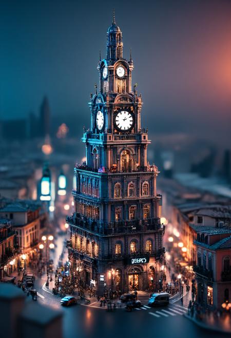 Tilt-shift photo of <lora:Alesso Baldovinetti CLIP:1>,Alesso Baldovinetti,, city street,street,street photography,<lora:Beeple_scenery:1>,Beeple,scenery,a tall tower with a clock on top of it in the sky with a light on top of it,, <lora:Metroplex Base:0.4>,a city scnery,, <lora:LetThereBeLight:0.3>,Beeple,lighting, . Selective focus, miniature effect, blurred background, highly detailed, vibrant, perspective control