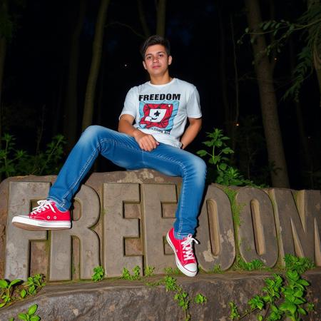 man 20 years old, blue jeans, red tenis shoes, white shirt with a videogame print, resting on a rock with his hand behind. He is over a big letters "FREEDOM" with rock texture, plants and mold. Forest, plants, fireflies, night background