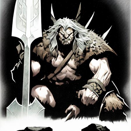 Evang, Comic DC Comics Marvel Cover Art rugged and grizzled leader of a troll army siting on a cracked stone throne surrounded by his minions holding a battle ax and standing on skull as a foot rest, spiked armor shoulder guards and a animal pelts coat, style of Arthur Adams