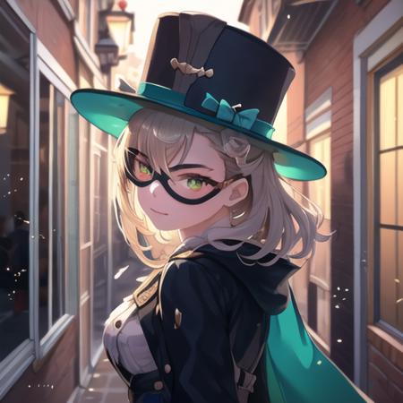 (masterpiece, top quality, best quality, beautiful, and aesthetic:1.2) lapi5, 1girl, facing away from viewer, fleeing crime scene, slight smile, night time, broken glass, robbery, crime scene, mask, hat, cape <lora:lapisproject1-10:.8>