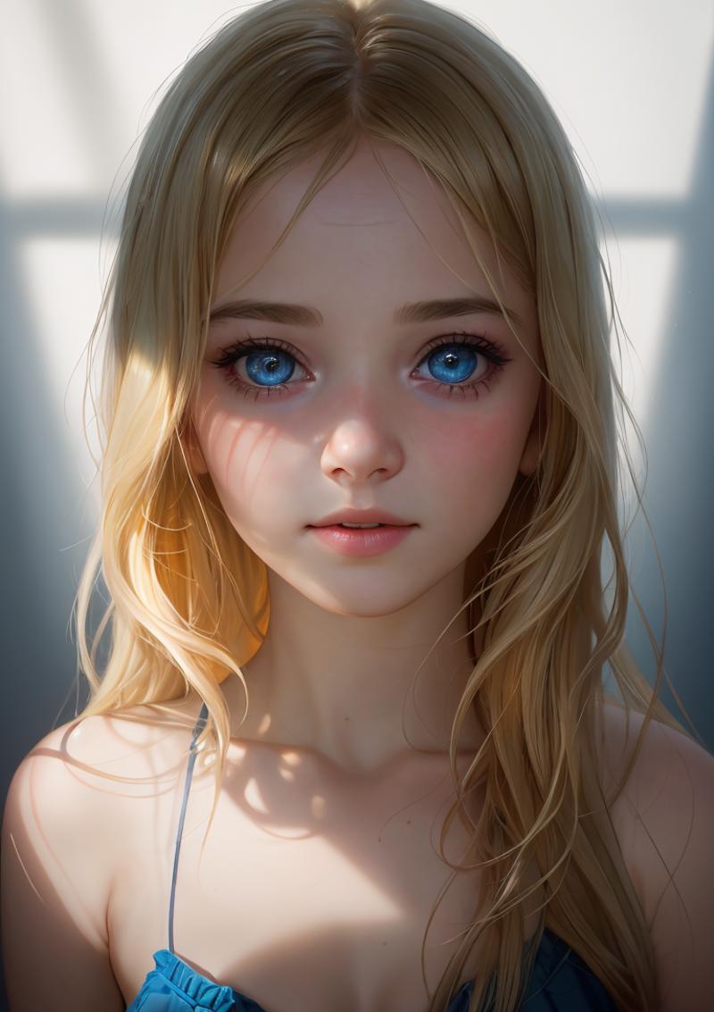 A computer generated image of a beautiful blonde woman with blue eyes and lips.