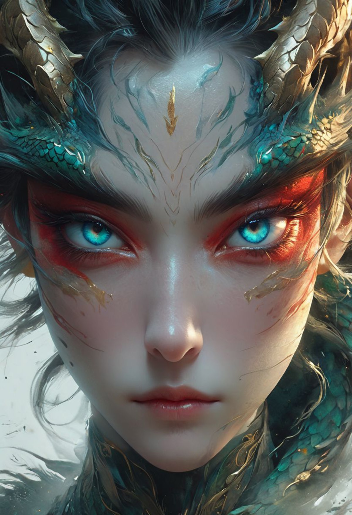 minimalism style, WLOP art style, a character worrior , facial muscles,  eye light, dragon behind, cinematic foootage,  fa...