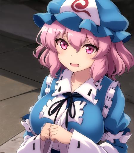 (masterpiece, best quality, high quality, highres, ultra-detailed), 1girl, solo, phantasm-kaleidoscope, <lora:memories_of_phantasm_style-000023:1.05>, saigyouji yuyuko, large breasts, long sleeves, (pink eyes:1.1)