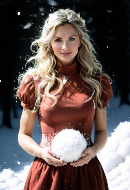 snowflake, winter, snow, European women, Large breasts, long hair, blond hair, older female, score_9, score_8_up, score_7_up, score_6_up, score_5_up, score_4_up, cose-up, face focus, upper body, semi side view, UHD, 8K, masterpiece, detailed, <lora:add-detail-xl:1.4>, ultra_high_resolution, lots of detail, OverallDetailXL, detailxl, regalres, Masterpiece, 32k, photorealistic:1.4, score_9, score_8_up, score_7_up, Caitlin, (small waist:2.9), fitness body, toned muscles, wide hips, slender legs, high cheekbones, oval face, 27 years old, mature female, milf, makeup, curvy, garden, pretty face, SUPERMODEL, jewelry, solo, lillybunz, big bright eyes:, beautiful eyes, fully dressed, high turtle neck, straw winter coat, outdoors, short sleeves, wrinkles, blonde, smiling, 1girl, blue eyes, closed dress, high neck closure, fully dressed, long dress, red dress white snow patterned dress:1.4), Snow Cloth, (trowing snowball:2).
