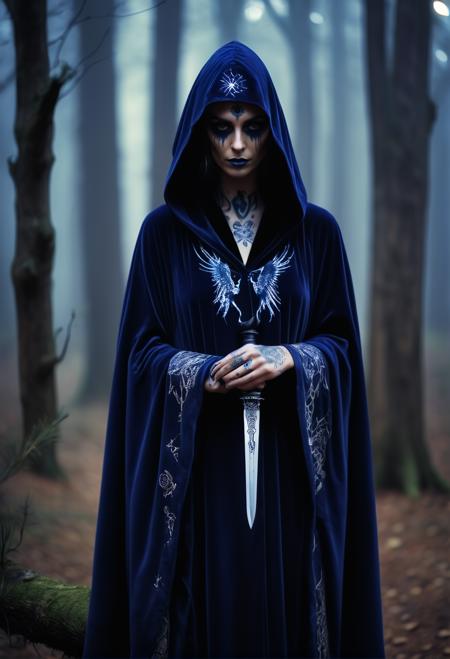 score_9, score_8_up, score_7_up  zPDXL3  (arcane necromancer) young woman, spanish, tan skin, brown eyes, wearing a black hooded cloak, dark blue asymmetric robe with dark aura, velvet slippers, dark eye shadow, intricate tattoos, holding a ritual dagger,tattered cloak, set in forest, moonlit, beams of light filtering through branches, the sound of owls, a sense of wonder, during a full moon  zPDXLrl