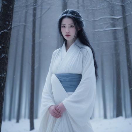 Yuki Onna, the snow woman of Japanese mythology, stands gracefully in a serene, snowy forest. She is depicted as an ethereal, beautiful woman with long, flowing black hair that contrasts sharply against the pristine white snow. Her skin is pale, almost translucent, resembling the delicate glow of moonlight on freshly fallen snow. Yuki Onna wears a traditional white kimono that flows effortlessly around her, blending with the snowy surroundings. Her eyes are deep and cold, reflecting the mysteries of the winter night. She exudes an air of tranquility and melancholy, with an icy, serene expression on her face. The background features snow-covered trees and softly falling snowflakes, creating an otherworldly, magical atmosphere. The forest is hushed and still, with only the faint sound of the wind gently rustling through the branches. Yuki Onna's presence brings a sense of both beauty and danger, as she embodies the essence of winter itself.