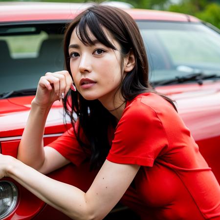 <lora:KaedeKarenSFW:0.7>, karen, 1girl, realistic, solo, shirt, mole, blurry, looking at viewer, red shirt, car, day, lips