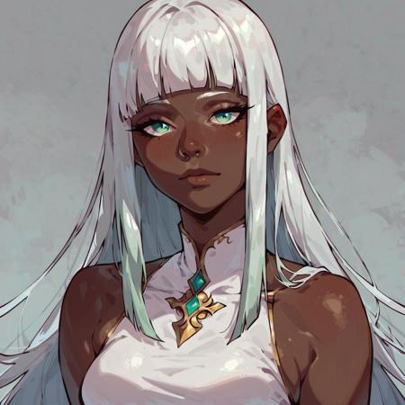 score_9, score_8_up, score_7_up, 1girl, solo, dark skin, thin nose, long hair, white hair, blunt bangs, bangs, light green eyes, white dress, looking at viewer, simple grey background, semi realistic, portrait,