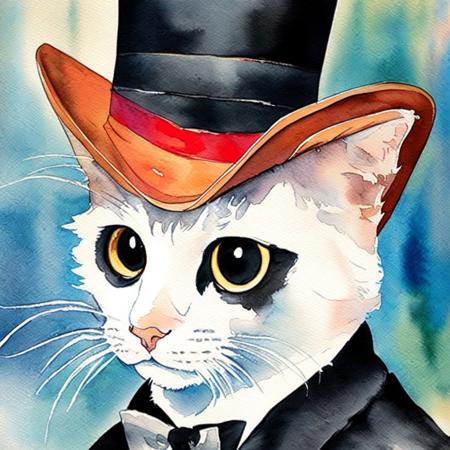 masterpiece, best quality, 1cat, solo, tophat, (a watercolor painting)<lora:MINT_ArtistToolLORA_v1:1.0> <lora:ANIMAL_cat_20230627113759:0.3>