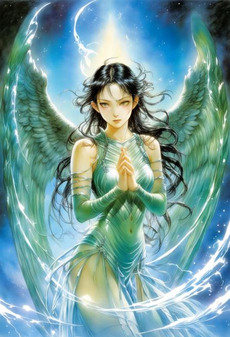 (Tsuyu Asui) distinctive in japanese background, Archangel Token, glowwave, by Luis Royo, best quality