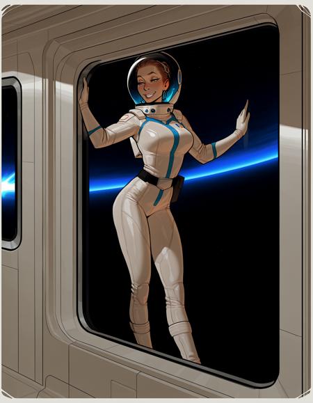 IllustriousQual, detailed face,
tall woman, milf, solo, thick build, long brown hair, hair pulled back, medium breasts, long legs, (muscular thighs:0.3),
flirty smiling, wearing a spacesuit and helmet, on a space station, posing in an airlock, view of blue planet out of window,
<lora:incaseIllustrious:0.8> incase style,