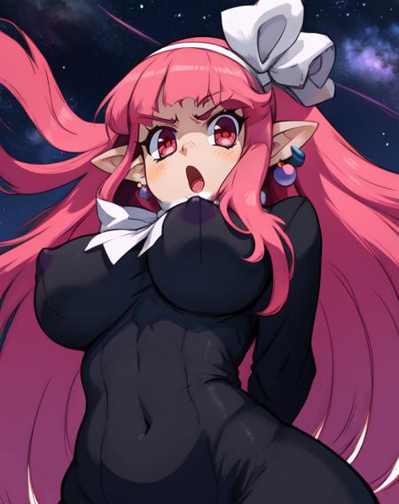 Witch, long pink hair,pointy ears,red eyes , 
  hips,   angry,  from below,  covered nipples, 
standing, upper body,  
black dress, white ribbon, white hairband,long sleeves,earrings, 
 fun park, stars,
(insanely detailed, beautiful detailed face, masterpiece, best quality),  <lora:Witch-10v5:0.8>