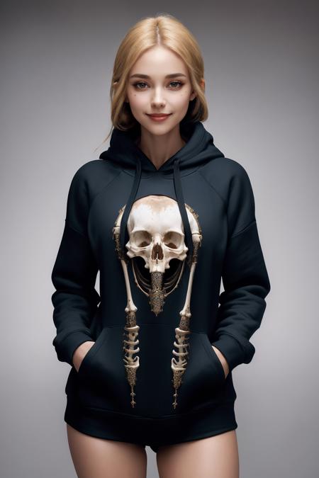 ((Masterpiece, best quality,edgQuality)),smile--, hoodie,edgBones, a woman in a hoodie made of bones ,wearing edgBones
 <lora:edgBoneHoodies:1>