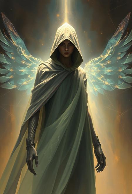 A painting portraying a sleek, enigmatic figure radiating a light aura and mystical feeling, with intense dramatic lighting, high contrast, and an ethereal spiritual vibe. The style is reminiscent of a masterfully crafted painting, conveying astonishment through rapidity and concealment.