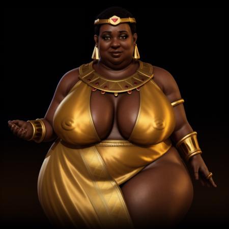 <lora:Amanitore (Civilization VI):0.7>  anatomically correct, masterpiece, best high quality, ultra details, realistic, RAW Photo, perfect anatomy, 4k, 8k,  quality lighting, detailed hands, detailed eyes, obese, middle-aged, woman, golden dress, crown, earrings, jewelry, short black hair, dark skin, massive thighs, massive hips, massive breasts, massive ass <lora:BGV5EX:1>  <lora:add_detail:1>