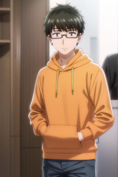 koikimomasuda, <lora:koikimo masuda s1-lora-nochekaiser:1>,
masuda, short hair, black hair, male focus, glasses, black-framed eyewear, (black eyes:1.5),
BREAK socks, pants, hood, hoodie, hood down, grey pants, grey socks, orange hoodie,
BREAK indoors,
BREAK looking at viewer, (cowboy shot:1.5),
BREAK <lyco:GoodHands-beta2:1>, (masterpiece:1.2), best quality, high resolution, unity 8k wallpaper, (illustration:0.8), (beautiful detailed eyes:1.6), extremely detailed face, perfect lighting, extremely detailed CG, (perfect hands, perfect anatomy),