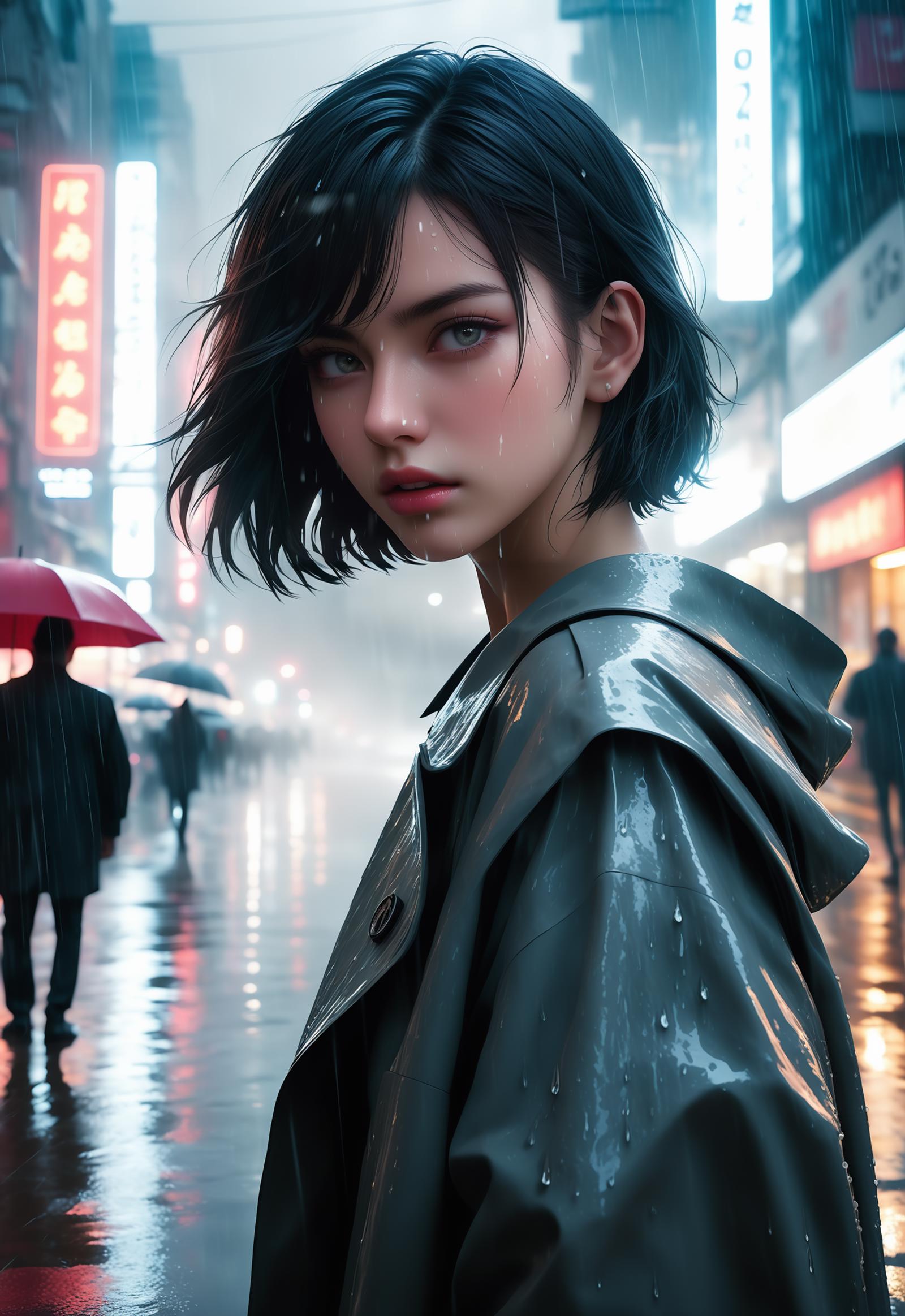 Woman with Green Eyes and Dark Hair in Rainy City Street