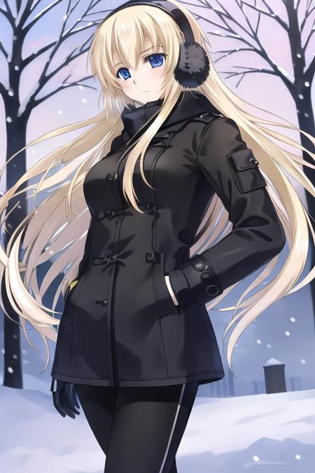 irisdina Bernhard, 1girl, solo, masterpiece, best quality, winter clothes, winter coat, winter,  earmuffs, black pants, hands in pockets, white scarf,  <lora:Irisdina_Bernhard:0.7>