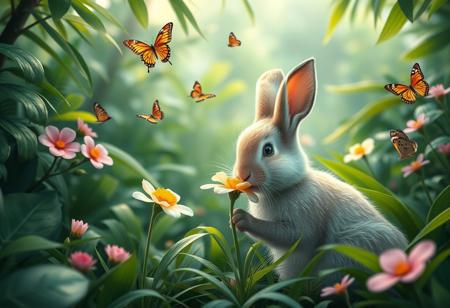 Realistic style. A cute bunny smelling a flower in a lush forest. Butterflies are in the air. There is tropical vegetation. The scene is vibrant and idyllic. Masterpiece,best quality,hi res,8k,hi res,8k,award winning,(sharp focus, intricate, highly detailed)