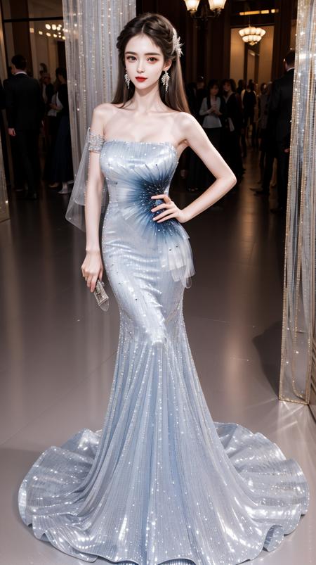 blue dress,long dress,bare shoulders,strapless,