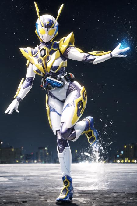 (masterpiece,best quality,4k,8k)kamen rider valkyrie RC, (1girl, solo, mature female, large breasts,wide hips,thighs), night,looking at viewer, antennae, standing, dynamic pose,femme fatale,full body,shiny costume, (skin tight bodysuit), glowing yellow eyes, armor, science fiction, tokusatsu, female focus, kamen rider,belt,white gloves, <lora:kamen_rider_valkyrie_LH-09:0.6> <lyco:GoodHands-beta2:1.0>